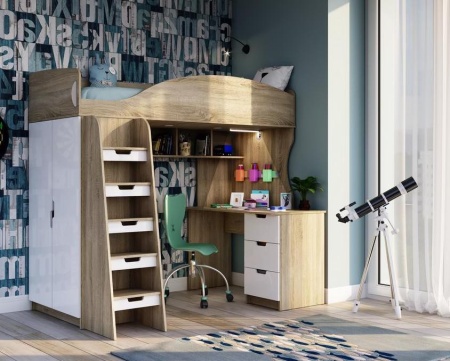 Детская Кровать-Чердак Сэнди Дуб Сонома/Белый Глянец (Д-1235 х В-1820 х Г-2038 мм)